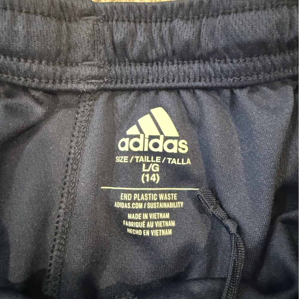 Adidas Girls Dark Blue Athletic Shorts with Red and White Stripes - Picture 2 of 5
